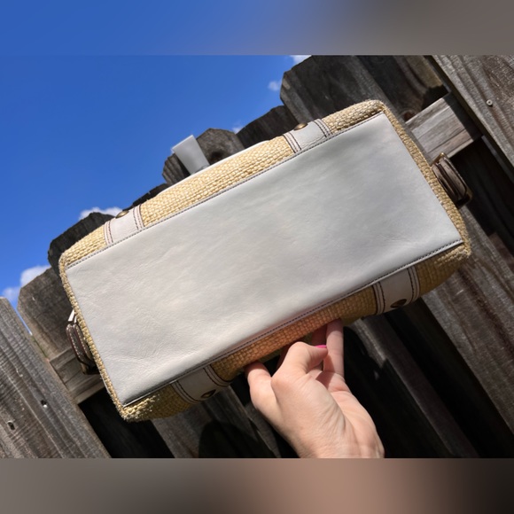 Coach Large Legacy Tote in White Leather & Natural Straw - Picture 6 of 10